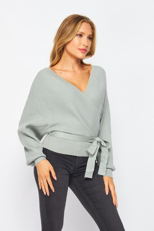 IT'S MUCH TOO LATE Blue wrap sweater