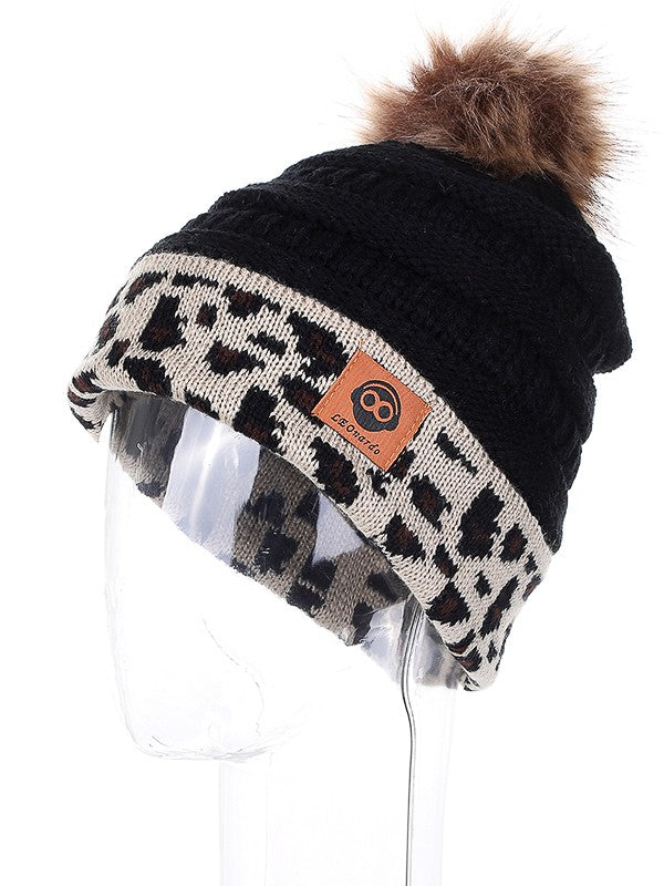 BLACK BEANIE WITH POM POM & LEOPARD PRINT ACCENTS