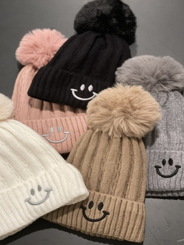 BE HAPPY Pom Pom Beanie