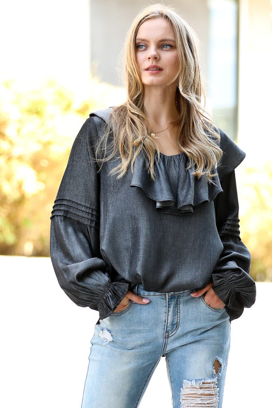 STAY WITH ME TONIGHT Black ruffled blouse