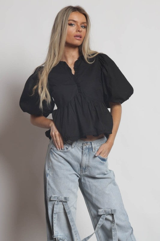 WHAT A VISION Black puff sleeved top