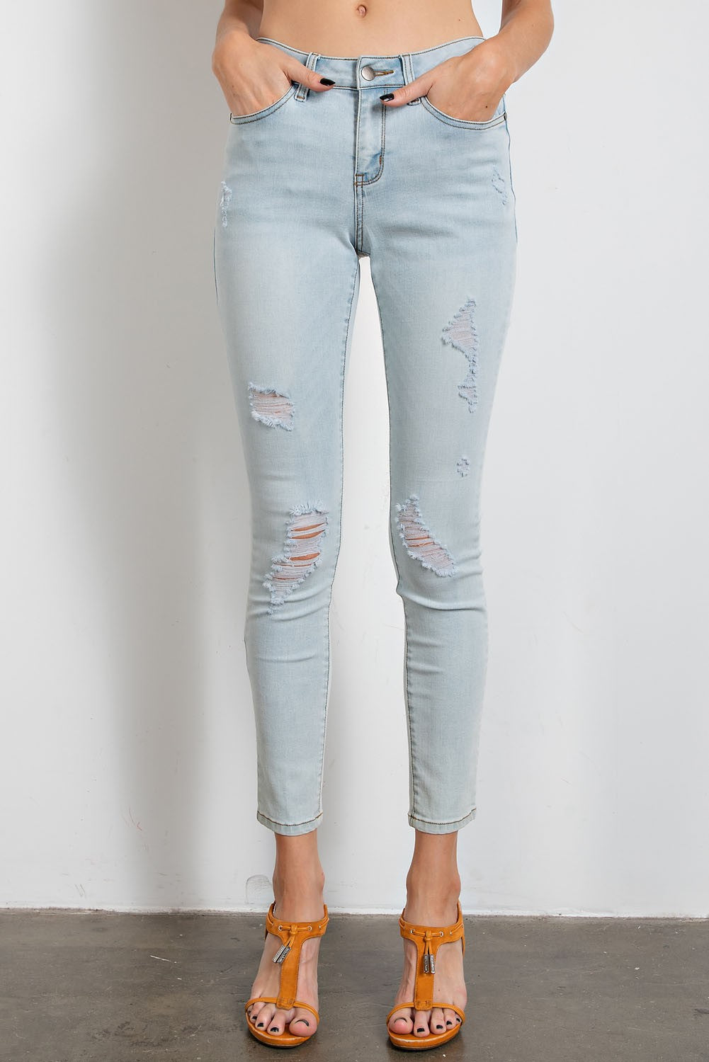 Distressed Mid Rise Light Denim Jeans - Soft Stretch | Roots & Flowers ...