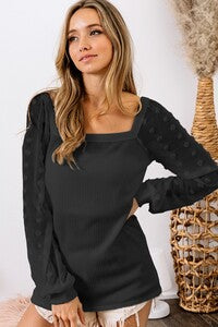 SOBER Black top with sheer swiss dot sleeves