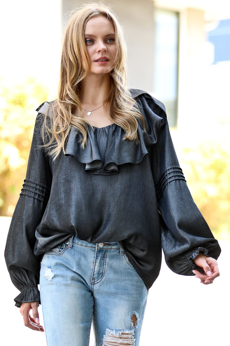 STAY WITH ME TONIGHT Black ruffled blouse