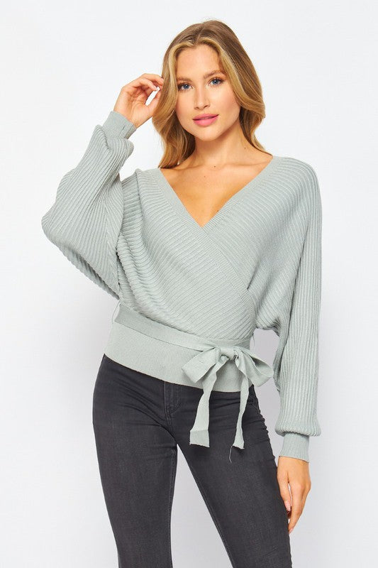 IT'S MUCH TOO LATE Blue wrap sweater