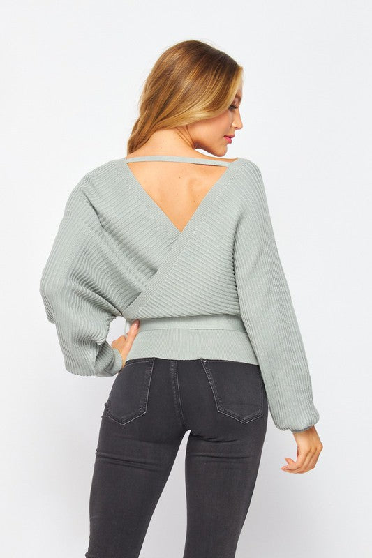 IT'S MUCH TOO LATE Blue wrap sweater