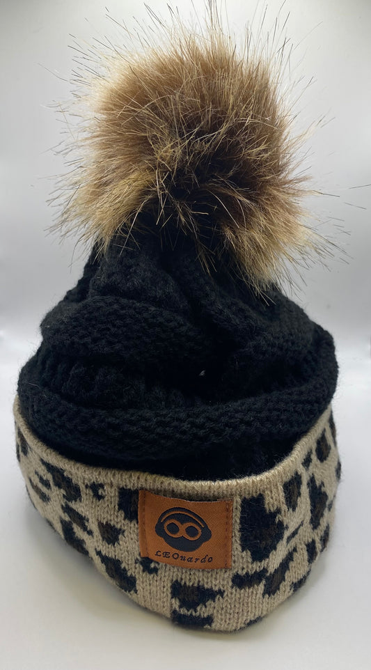 BLACK BEANIE WITH POM POM & LEOPARD PRINT ACCENTS